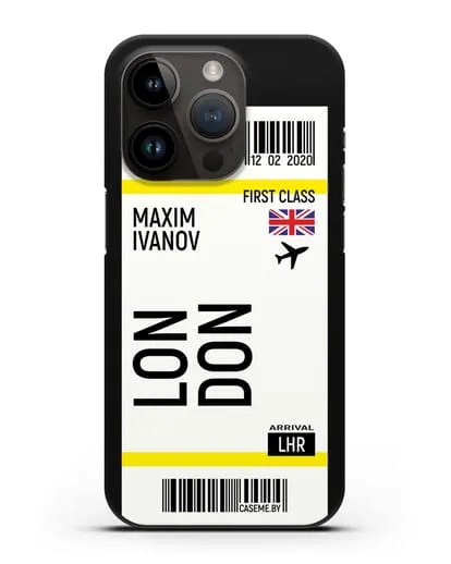 Чехол Авиабилет Лондон с именем, фамилией силиконовый для iPhone 14 Pro