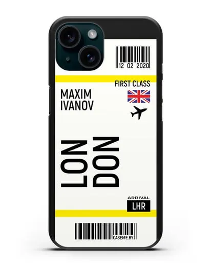 Чехол Авиабилет Лондон с именем, фамилией силиконовый для iPhone 15