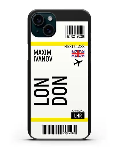 Чехол Авиабилет Лондон с именем, фамилией силиконовый для iPhone 15 Plus