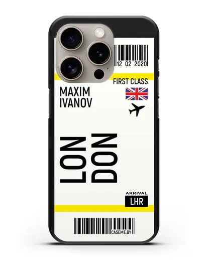 Чехол Авиабилет Лондон с именем, фамилией силиконовый для iPhone 15 Pro