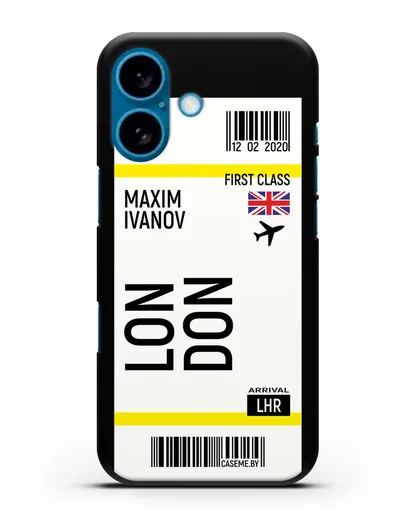 Чехол Авиабилет Лондон с именем, фамилией силиконовый для iPhone 16