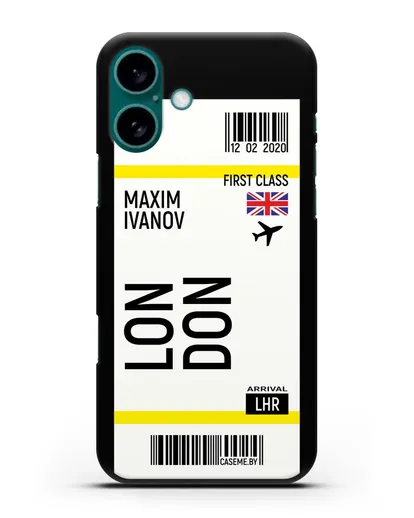 Чехол Авиабилет Лондон с именем, фамилией силиконовый для iPhone 16 Plus