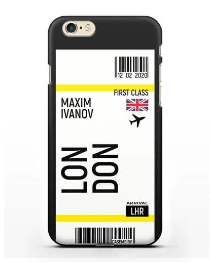 Чехол Авиабилет Лондон с именем, фамилией силиконовый для iPhone 6