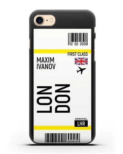 Чехол Авиабилет Лондон с именем, фамилией силиконовый для iPhone 8