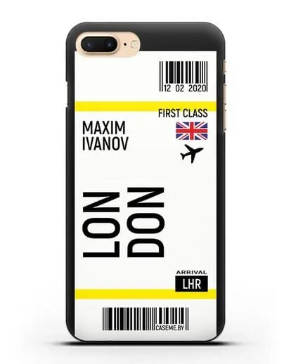 Чехол Авиабилет Лондон с именем, фамилией силиконовый для iPhone 8 Plus