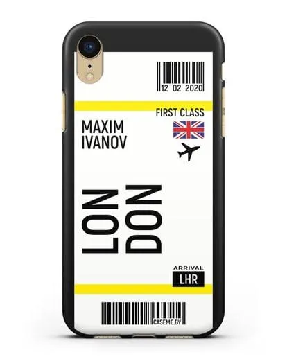 Чехол Авиабилет Лондон с именем, фамилией силиконовый для iPhone XR