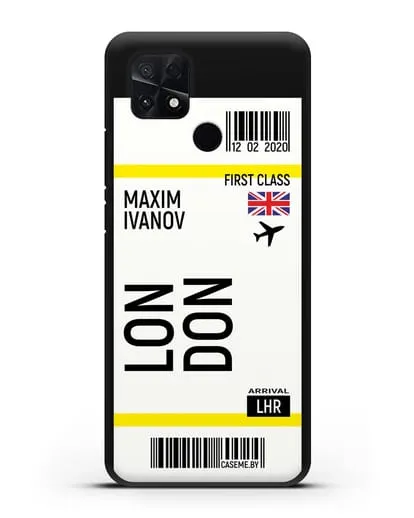 Чехол Авиабилет Лондон с именем, фамилией силиконовый для Xiaomi Poco C40