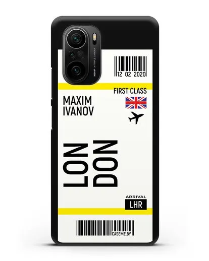 Чехол Авиабилет Лондон с именем, фамилией силиконовый для Xiaomi Poco F3