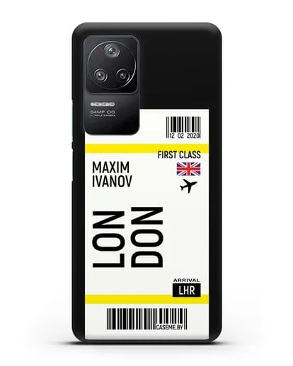 Чехол Авиабилет Лондон с именем, фамилией силиконовый для Xiaomi Poco F4