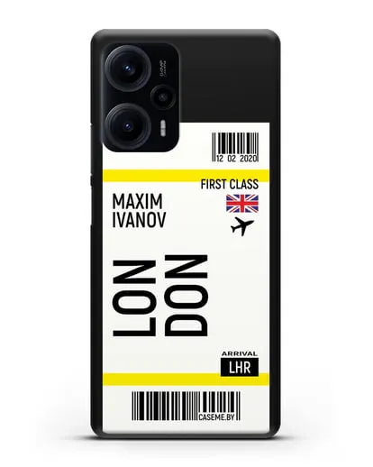 Чехол Авиабилет Лондон с именем, фамилией силиконовый для Xiaomi Poco F5