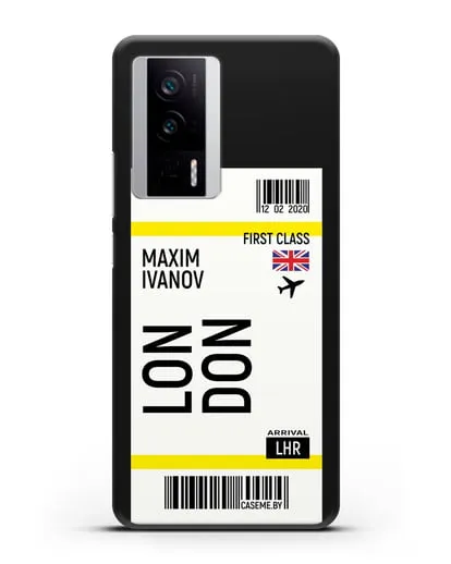 Чехол Авиабилет Лондон с именем, фамилией силиконовый для Xiaomi Poco F5 Pro