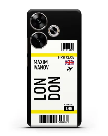Чехол Авиабилет Лондон с именем, фамилией силиконовый для Xiaomi Poco F6