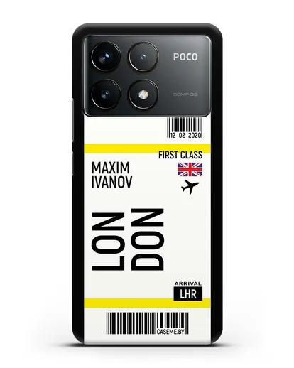 Чехол Авиабилет Лондон с именем, фамилией силиконовый для Xiaomi Poco F6 Pro