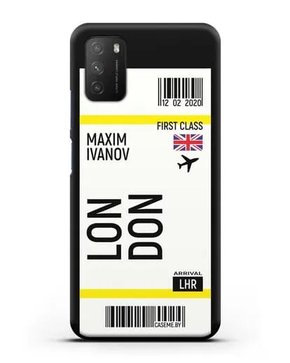 Чехол Авиабилет Лондон с именем, фамилией силиконовый для Xiaomi Poco M3