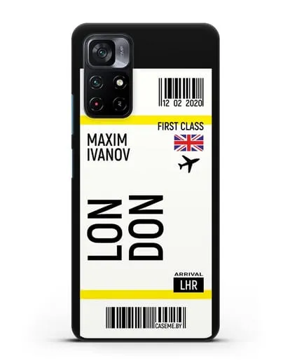Чехол Авиабилет Лондон с именем, фамилией силиконовый для Xiaomi Poco M4 Pro 5G