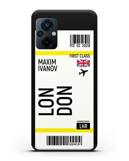 Чехол Авиабилет Лондон с именем, фамилией силиконовый для Xiaomi Poco M5
