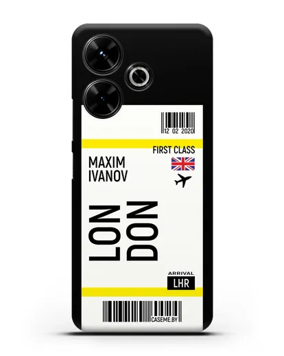 Чехол Авиабилет Лондон с именем, фамилией силиконовый для Xiaomi Poco M6