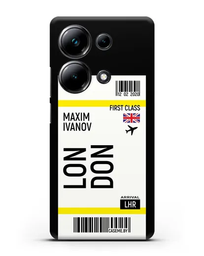 Чехол Авиабилет Лондон с именем, фамилией силиконовый для Xiaomi Poco M6 Pro