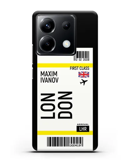 Чехол Авиабилет Лондон с именем, фамилией силиконовый для Xiaomi Poco X6