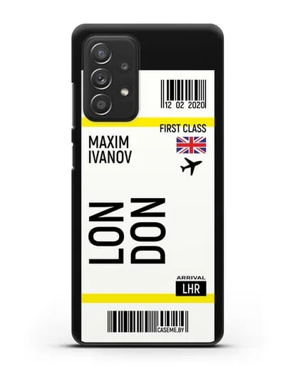 Чехол Авиабилет Лондон с именем, фамилией силиконовый для Samsung Galaxy A53