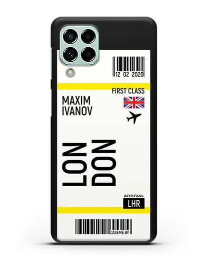 Чехол Авиабилет Лондон с именем, фамилией силиконовый для Samsung Galaxy M53 [SM-M536]