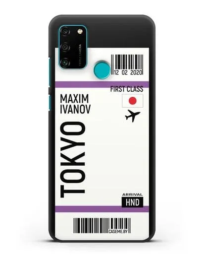 Чехол Авиабилет Токио с именем, фамилией силиконовый для Honor 9A