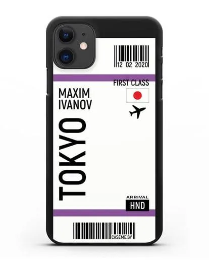 Чехол Авиабилет Токио с именем, фамилией силиконовый для iPhone 11