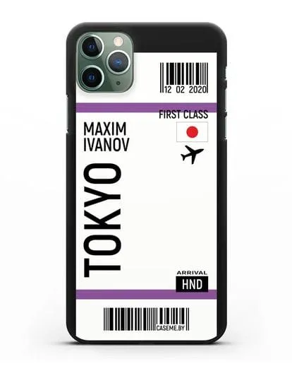 Чехол Авиабилет Токио с именем, фамилией силиконовый для iPhone 11 Pro Max