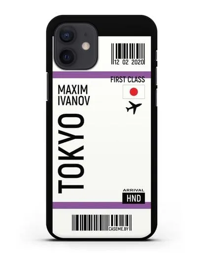 Чехол Авиабилет Токио с именем, фамилией силиконовый для iPhone 12