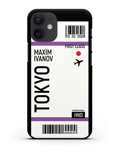 Чехол Авиабилет Токио с именем, фамилией силиконовый для iPhone 12 mini