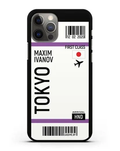Чехол Авиабилет Токио с именем, фамилией силиконовый для iPhone 12 Pro