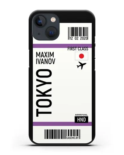 Чехол Авиабилет Токио с именем, фамилией силиконовый для iPhone 13