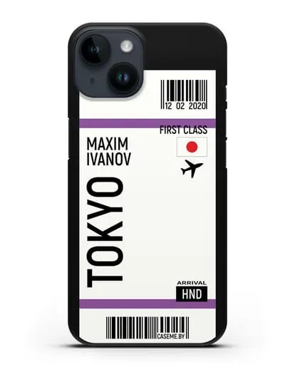 Чехол Авиабилет Токио с именем, фамилией силиконовый для iPhone 14
