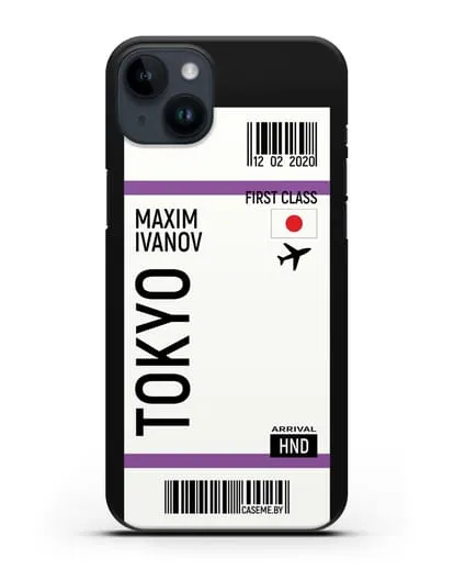 Чехол Авиабилет Токио с именем, фамилией силиконовый для iPhone 14 Plus