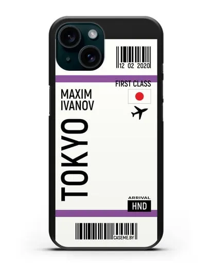 Чехол Авиабилет Токио с именем, фамилией силиконовый для iPhone 15