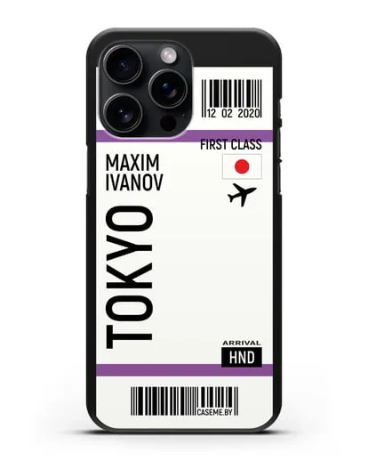 Чехол Авиабилет Токио с именем, фамилией силиконовый для iPhone 15 Pro Max
