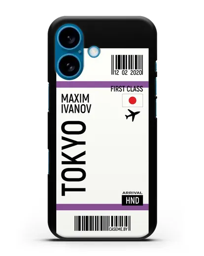 Чехол Авиабилет Токио с именем, фамилией силиконовый для iPhone 16