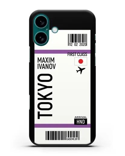 Чехол Авиабилет Токио с именем, фамилией силиконовый для iPhone 16 Plus