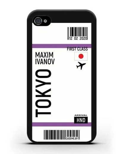Чехол Авиабилет Токио с именем, фамилией силиконовый для iPhone 4/4s