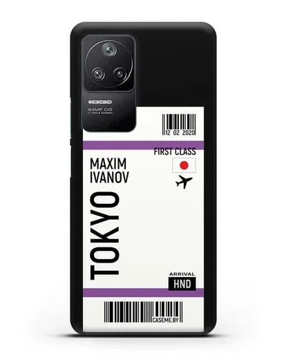 Чехол Авиабилет Токио с именем, фамилией силиконовый для Xiaomi Poco F4