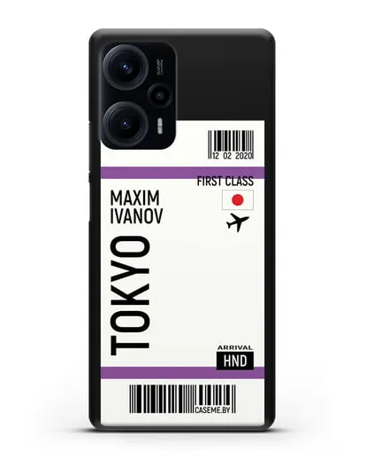 Чехол Авиабилет Токио с именем, фамилией силиконовый для Xiaomi Poco F5