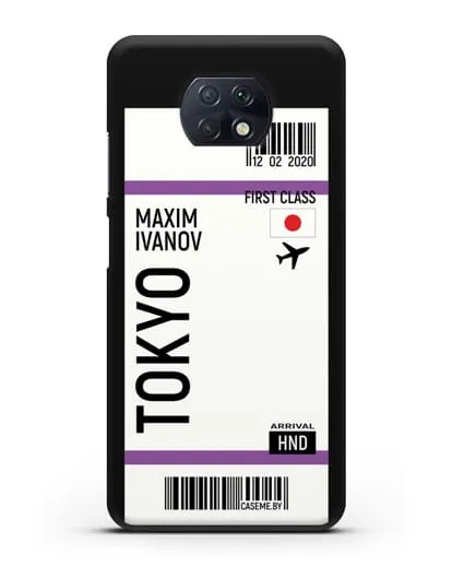 Чехол Авиабилет Токио с именем, фамилией силиконовый для Xiaomi Redmi Note 9T
