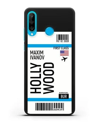 Чехол Авиабилет Голливуд с именем, фамилией силиконовый для Huawei P30 Lite