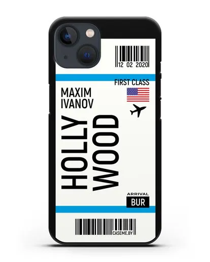 Чехол Авиабилет Голливуд с именем, фамилией силиконовый для iPhone 13