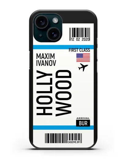 Чехол Авиабилет Голливуд с именем, фамилией силиконовый для iPhone 15