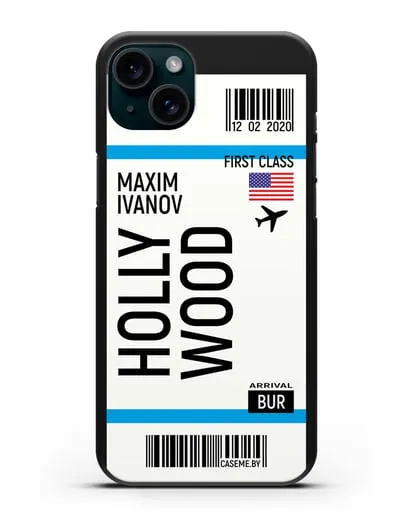 Чехол Авиабилет Голливуд с именем, фамилией силиконовый для iPhone 15 Plus