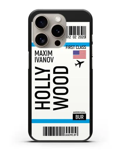 Чехол Авиабилет Голливуд с именем, фамилией силиконовый для iPhone 15 Pro