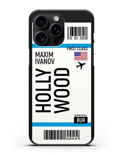 Чехол Авиабилет Голливуд с именем, фамилией силиконовый для iPhone 15 Pro Max