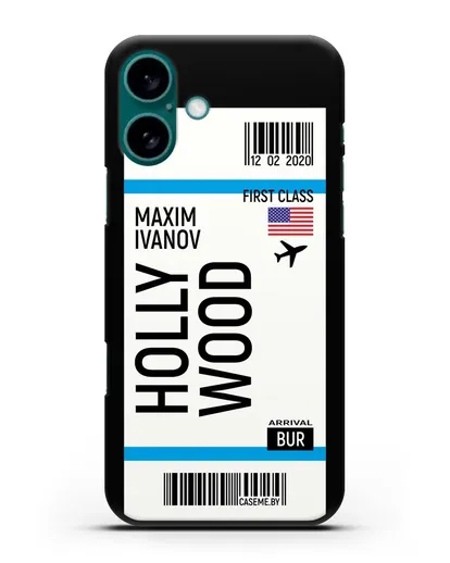 Чехол Авиабилет Голливуд с именем, фамилией силиконовый для iPhone 16 Plus