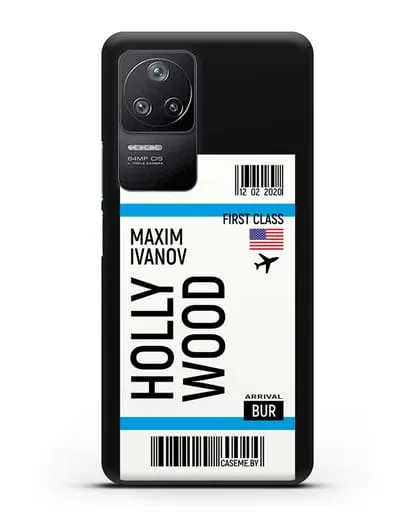 Чехол Авиабилет Голливуд с именем, фамилией силиконовый для Xiaomi Poco F4